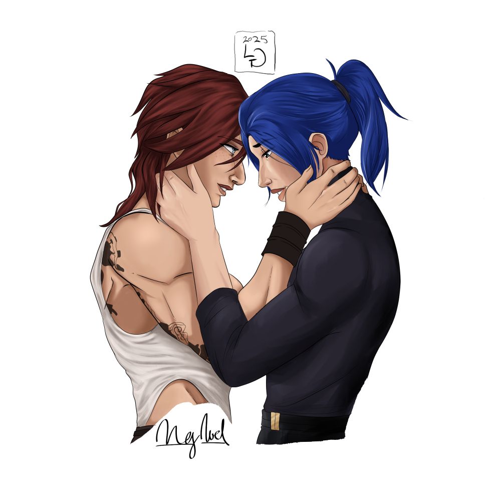 Vi and Caitlyn embracing in the outfits they wore in season 2 episode 8 of Arcane. They are lovingly embracing, Vi cradling Caitlyn's neck and jaw and Caitlyn doing the same for Vi.