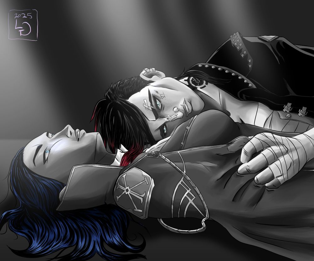 Commander Caitlyn Kiramman lies on the floor looking blankly at the ceiling above her. Pitfighter Vi lies upon her chest, head resting on her breast as she grasps her cape, also staring off into space. Light filters in from the ceiling above them. The only color is the color of their eyes and the blue of Caitlyn's hair and the red streaks in Vi's hair.