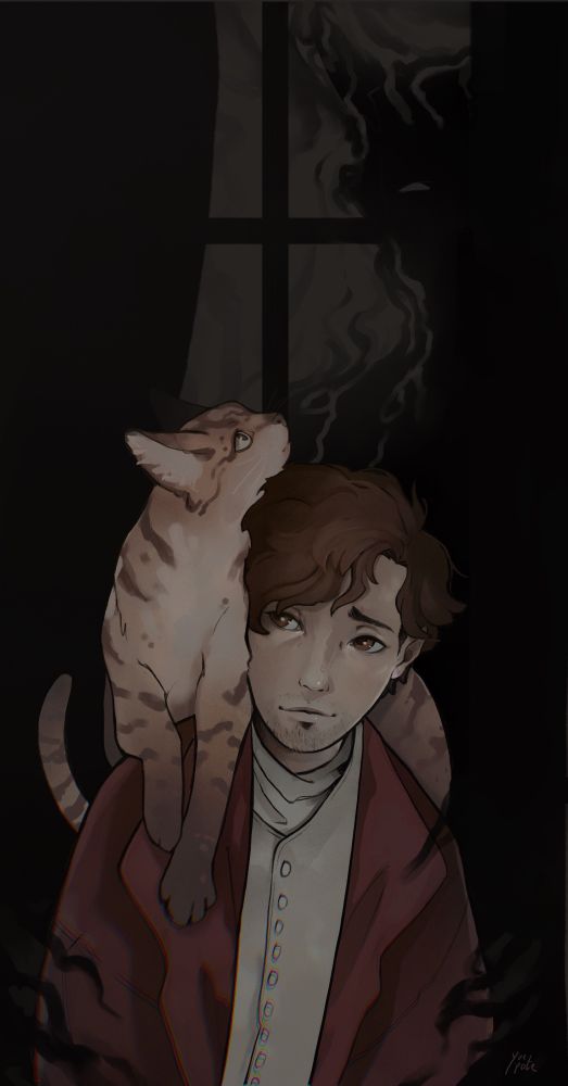 Drawing of a brown-haired men in a red coat, looking and slightly smiling at the cat on his shoulder while the cat is noticing a menacing presence in a dark window behind it. 