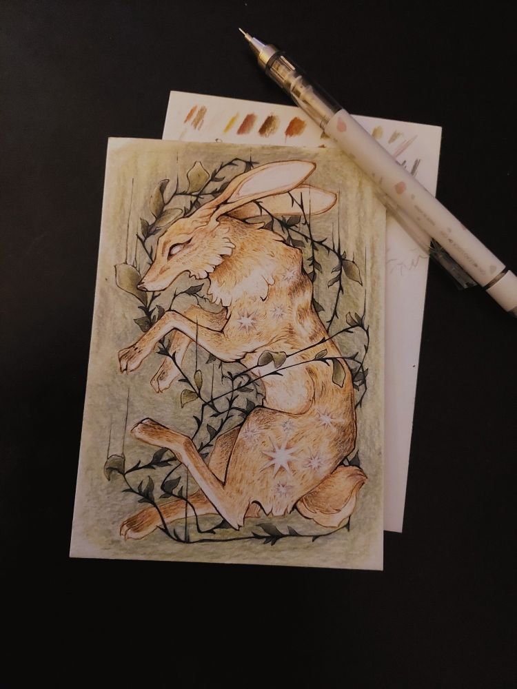 Picture a traditional drawing of a Fox, Coyote and Hare hybrid sourrounded by Thorsten and leave with stars in it's pelt. 