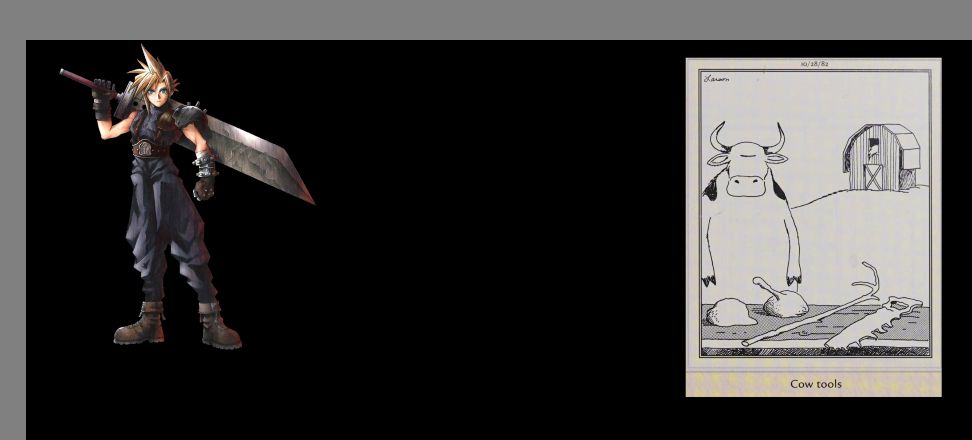 A drawing canvas with a reference picture of Cloud Strife and Gary Larson's Far Side comic, Cow Tools.