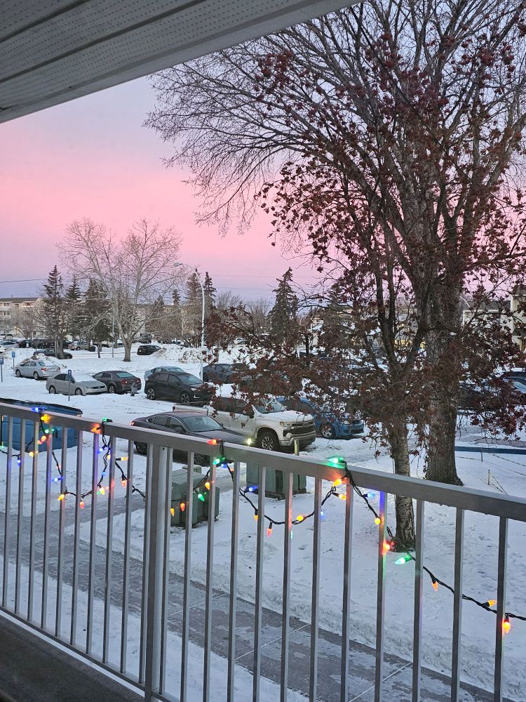 Picture of a white balcony overlooking  a snowy parking lot. The balcony has red, green, yellow, and blue Christmas lights. The sky is a sunrise with a pink-peach hugh. There are trees with no leaves.