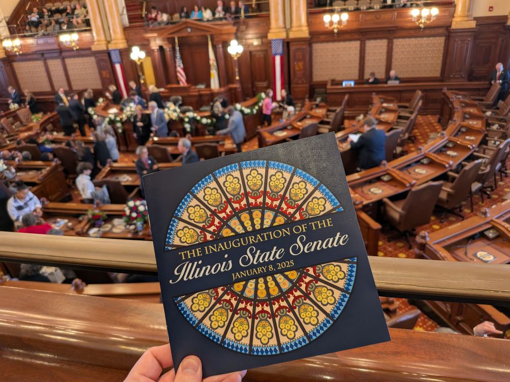 Program for the inauguration of the Senate of the 104th Illinois General Assembly in the newly restored Senate chamber.
