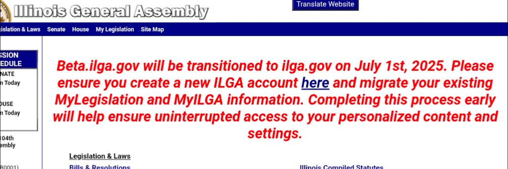 An announcement on ILGA.gov that they are transitioning to the new site. 