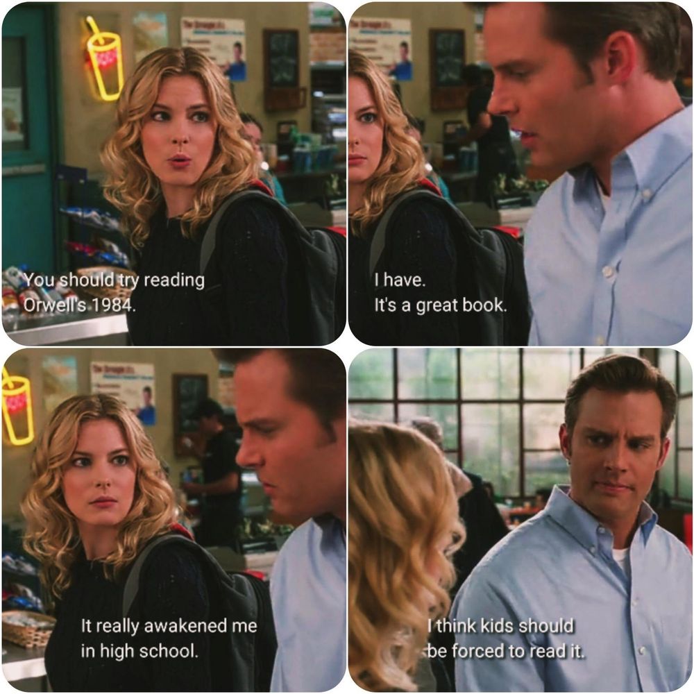 A scene from "Community" season 3 where Britta tells the anthropomorphic embodiment of Subway restaurants that he should read Orwell's "1984." He replies he has, it's a great book that really awakened him in high school, and he thinks kids should be forced to read it.