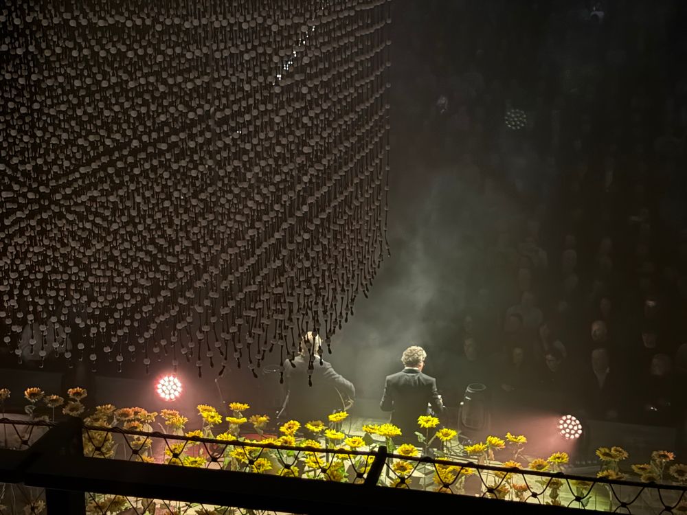 Peter Kruder und Richard Dorfmeister auf der Bühne, von hinten, zwischen Sonnenblumen.