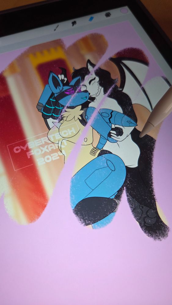 A drawing of an anthro furry couple dancing. The lead is a skull bat fursona and thr other is a Lucario from Pokémon. The background is of a ballroom and is blurred to create depth.