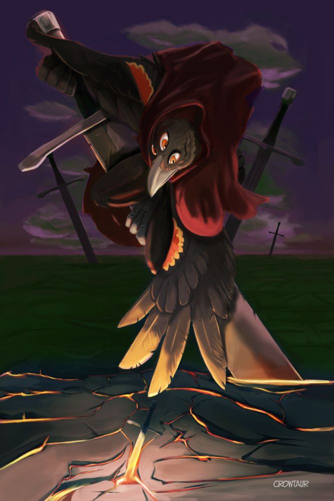 A tarot card illustration depicting a three-eyed anthropomorphic bird wearing a red cloak. It balances onto of a huge sword that juts sideways from the ground, the earth is glowing with red cracks of firey lava. The bird stretches out its wing towards a smaller, glowing sword thats embedded into the ground, while holding onto the large sword's grip for balance. Far out in the distance you can see 3 other swords rising from the ground.
