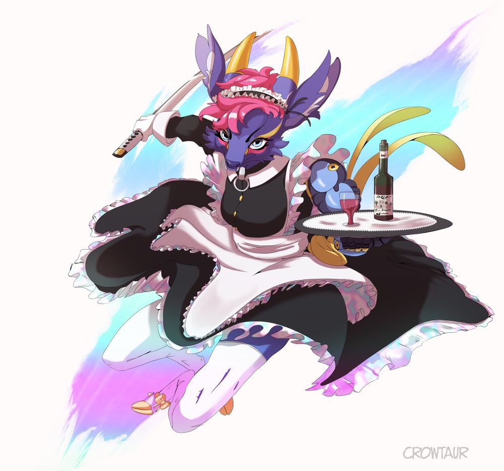 Jackie the Muntjac as a french maid ninja. The frills of its long dress furl and billow in the wind as it leaps forward towards the viewer with determined eyes. Its holding a backhanded sword in its right hand and a holding a platter with a glass of wine and accompanying bottle so perfectly still while jumping into action that no drop (of wine) was spilled.