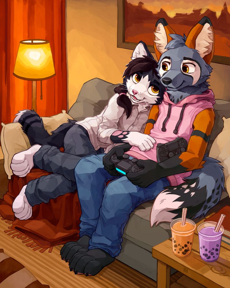 Two anthropomorphic animal characters playing videogames on a couch