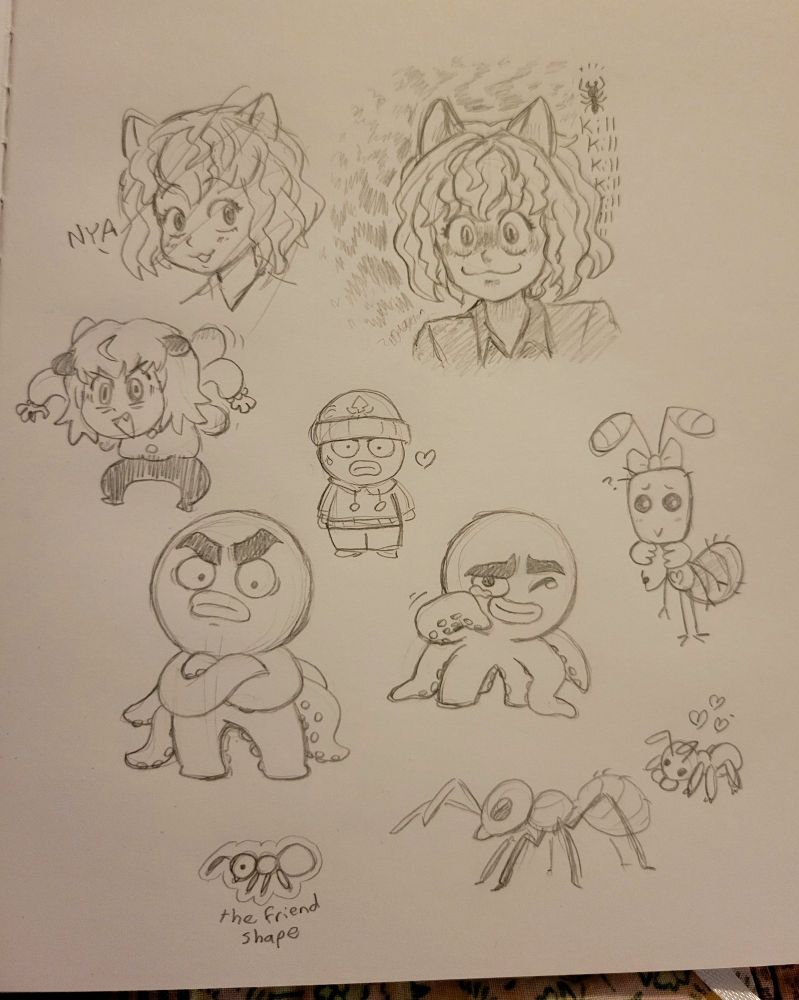 sketches of Neferpitou, Shaiapouf, and Ikalgo from Hunter x Hunter, along with a carroony ant OC with a bow, and some genetic ant doodles