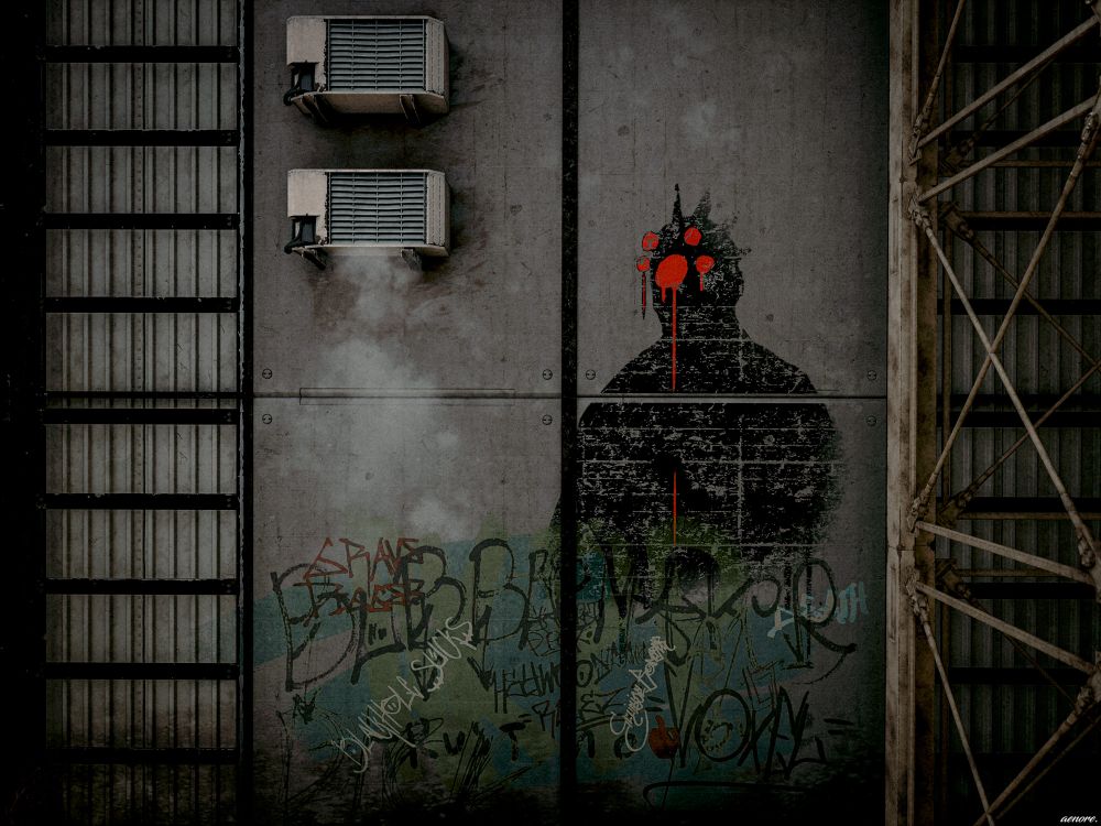 a Maelstrom tag on the side of an industrial building. the tag is a black half figure with five glowing red dots in place of organic eyes
