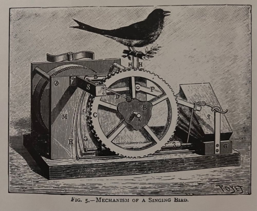 “Mechanical Singing Bird of Modern Construction,” featuring a realistic bird perched on a rectangular base with ornamental trim.