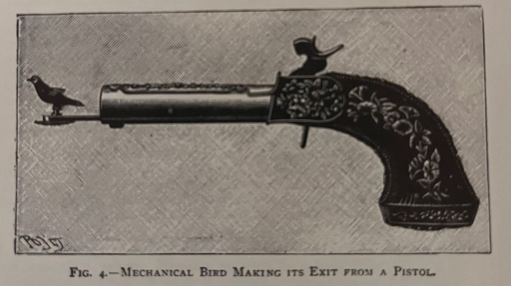 Illustration labeled “Mechanical Bird Making Its Exit from a Pistol,” showing a bird emerging from the barrel of a decorated, antique-style pistol with ornate floral engravings.