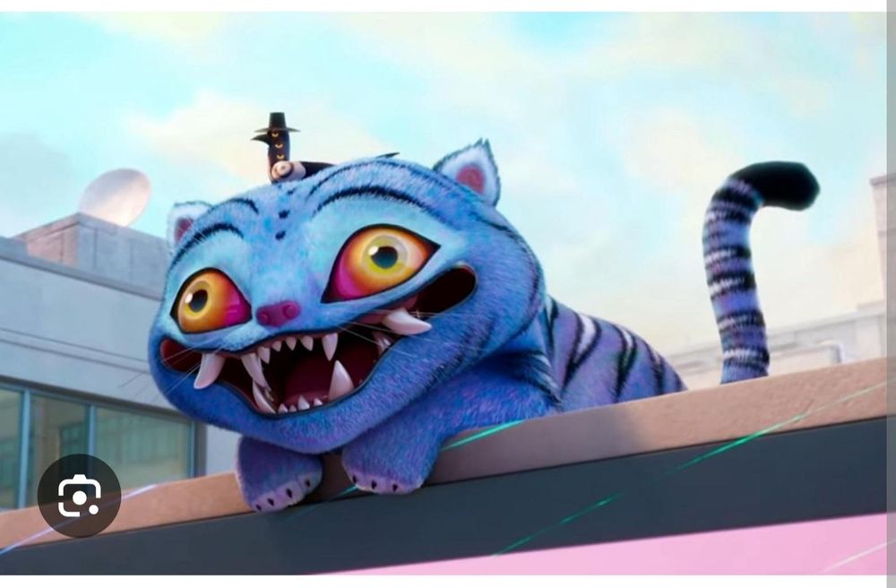 A still image of the "derpy" tiger and magpie bird from the movie K-Pop Demon Hunters