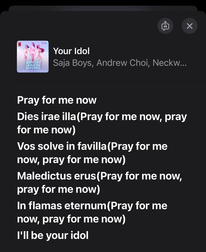 Screenshot of the lyrics to “Your Idol” from Kpop Demon Hunters 