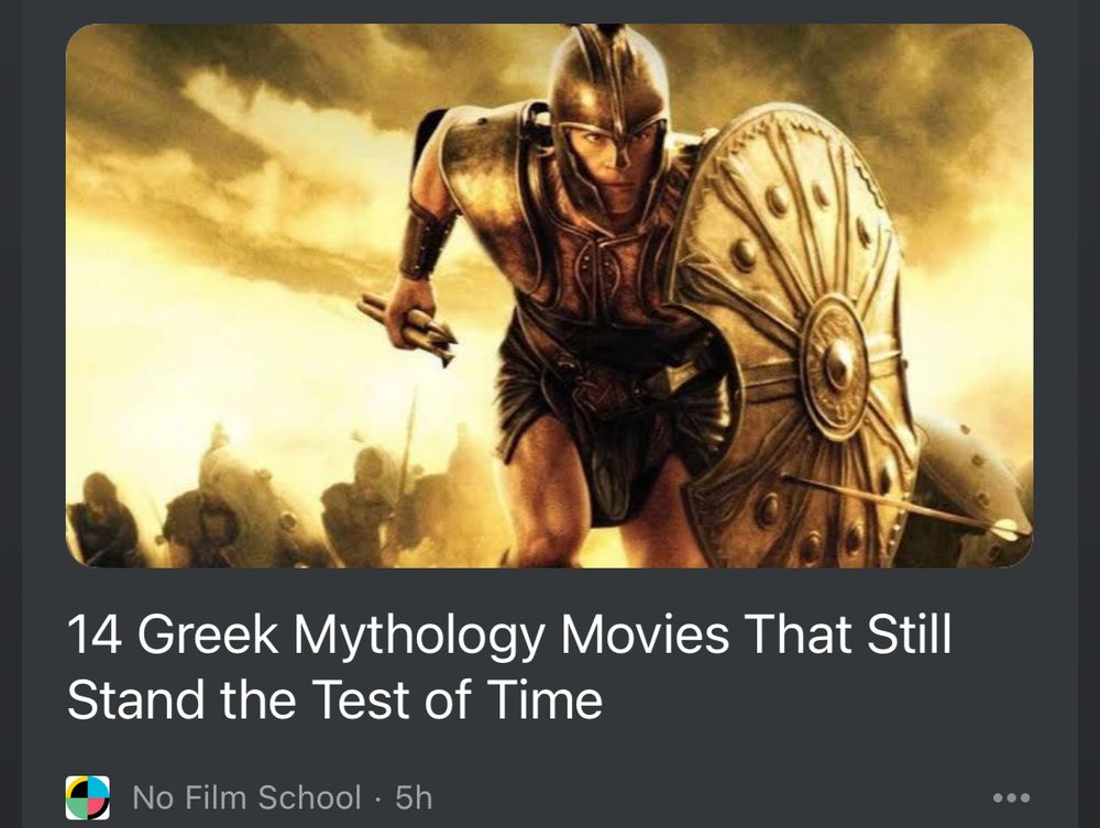 Screenshot of article titled “14 Greek Mythology Movies that still stand the test of time” with a picture of Brad Pitt as Achilles from Troy