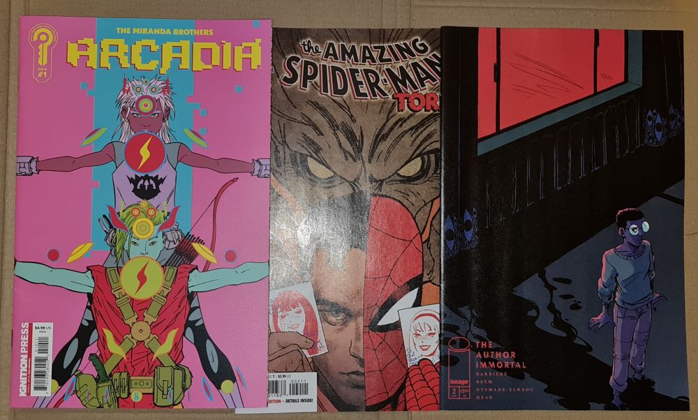 Image of 3 comics. Arcadia #1, The Amazing Spider-Man: Torn #2, Author Immortal #2