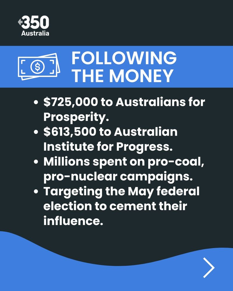 Follow the money. $725,000 to Australians for Prosperity. $613,500 to Australian Institute for Progress. Millions spent on pro-coal, pro-nuclear campaigns. Targeting the May federal election to cement their influence