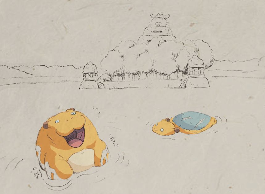 Mennekee rising playfully out of the water, with another one passing by