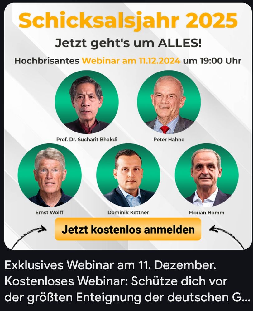 "Exklusives Webinar: Schutz vor Enteignung". Teilnehmer Sucharit Bhakdi, Peter Hähne, Ernst Wulff, Florian Homm & Dominik Kettner