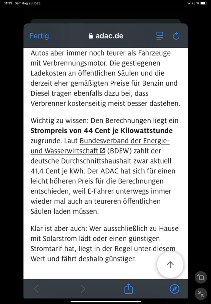 Auszug aus der ADAC-Gesamtkostenbetrachtung für eAutos: „Klar ist aber auch: Wer ausschließlich zu Hause mit Solarstrom lädt oder einen günstigen Stromtarif hat, liegt in der Regel unter diesem Wert und fährt deshalb günstiger.“