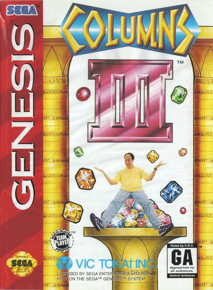 cover art for genesis game Columns 3. a photo of a delighted-looking man in a t-shirt, jeans, and sneakers is superimposed to sit on a pile of gemstones atop a column. his hands are raised magnanimously and his face is playful and radiant with a pure and universal joy.
