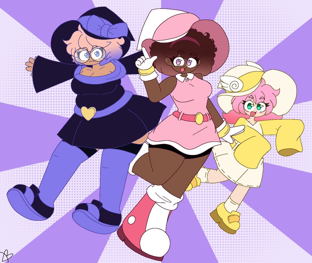 Digital artwork of my characters Kana, Rose, & Vivi all in more dynamic poses.