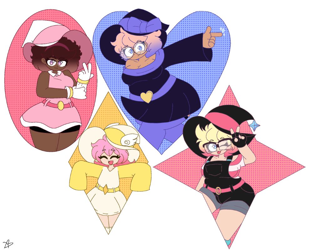 Digital artwork of my characters Rose, Kana, Vivi & Maggie in totally radical poses while inside of their symbols.