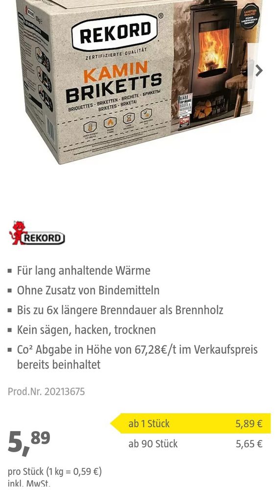 Screenshot eines aktuellen Angebots für Braunkohlebriketts, der Preis für 900kg Braunkohlebriketts beträgt heute 508,50€