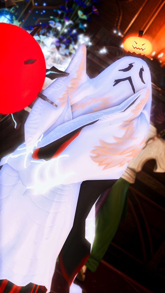 Image of Zanel wearing her beloved wailing spirit costume. She loves how sad the expression on the ghost is.