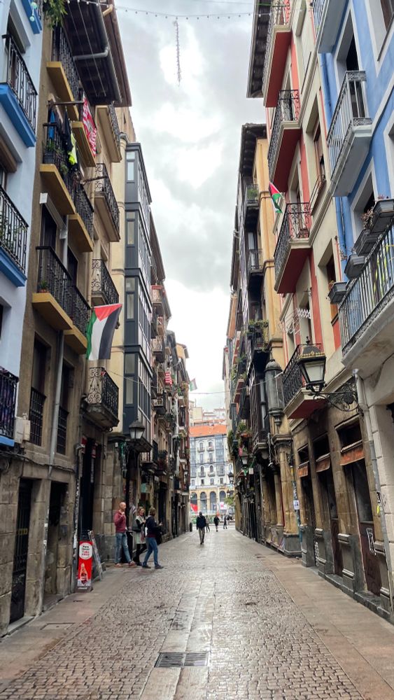 A photo of one the streets in the old city of Bilbao. Several apartments have Palestinian flags hung from the balcony.