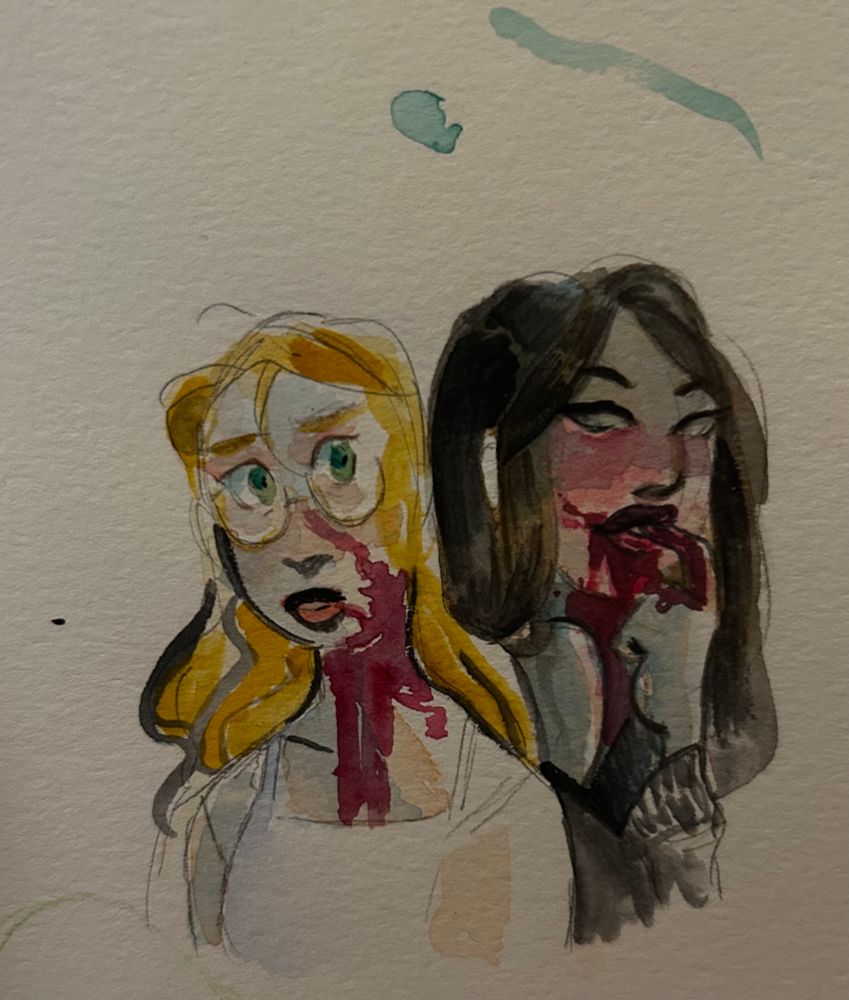 A watercolor painting of Needy and Jennifer from Jennifer’s Body.