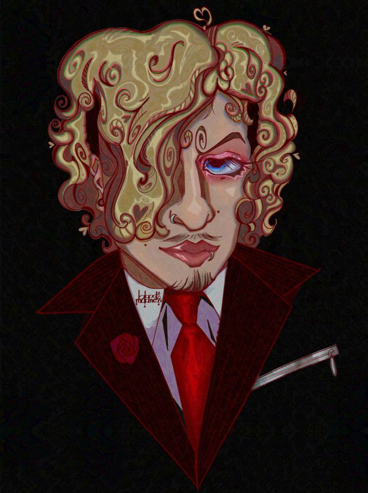 digital bust of post timeskip sanji dressed as frank iero from the revenge era. he’s wearing a black suit with a red tie, a flower pinned on the left side of his suit, red smudged eyeshadow, a lip ring and a nose ring. his hair is curly and chin length, with shaved sides dyed black.