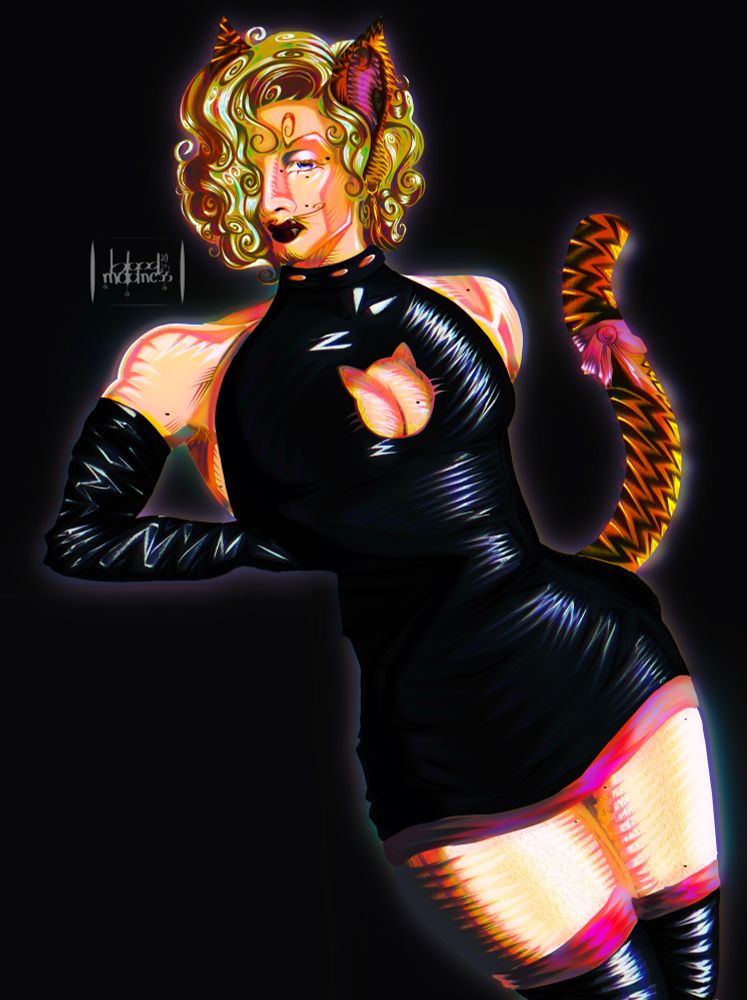 digital drawing of post timeskip catboy sanji wearing a short black leather-y dress with a cat cutout on his chest, thigh high boots and gloves of the same material. his car ears and tail match his blond hair, and a little pink bow is tied to his tail and matches the hem of the dress and boots. 