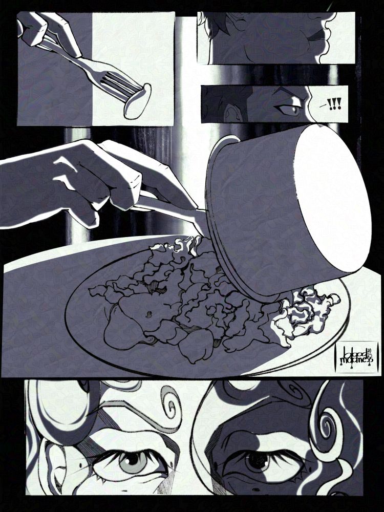 continuation of the comic. zoro taking a bite of a piece of sausage and getting wide eyed, impressed by how good it tastes, then putting the entire portion of what sanji made on his plate while sanji quietly observes, pleased by the reaction but keeping his cool