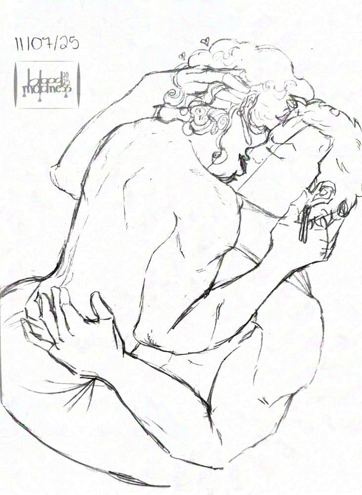 digital sketch of sanji and zoro kissing, sanji being shirtless on zoro’s lap