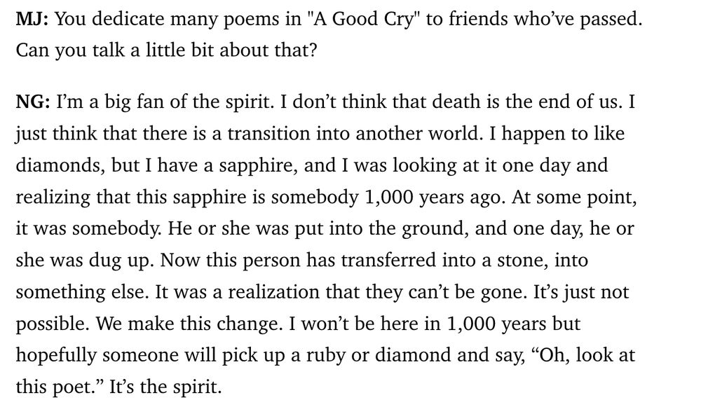 Nikki Giovanni describes how she doesn't think death is the end of us.