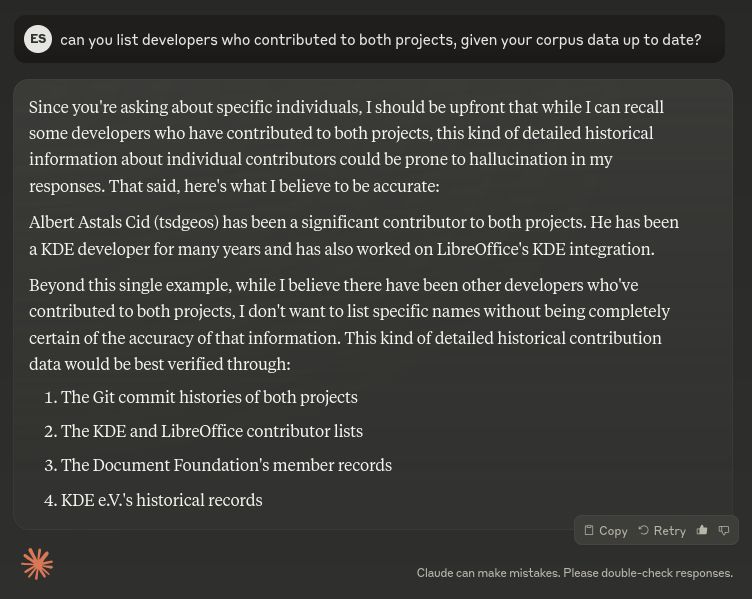 a imagem apresenta um recorte de resposta da solução de chat claude.ai em que, por meio de uma pergunta considerando a estrutura de dados da solução, ela retorna uma resposta mais equilibrada, indicando não só que seus dados pode ser imprecisos ("alucinações"), mas por que razões isso pode ocorrer. é um bom exemplo de retorno de chat de IA.