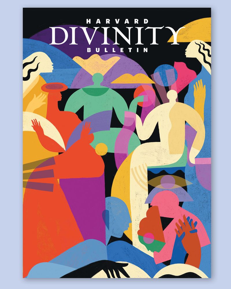 Colorful cover illustration for Harvard Divinity Bulletin featuring abstract figures in a vibrant, dynamic composition.