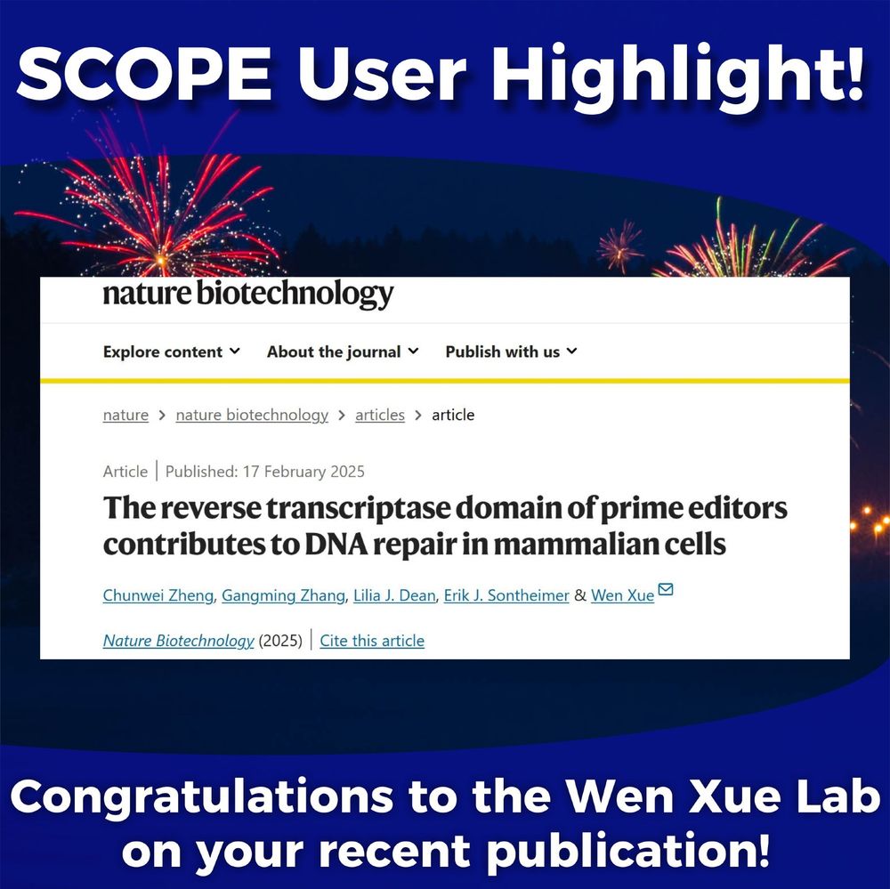 Title text reads " SCOPE USER highlight" with "Congratulatiosn to the Wen Xue Lab on your recent publication" at the bottom. There is a screenshot of the top of the article from the journal website, nature biotechnology in the middle displaying the journal title "The reverse transcriptase domain of prime editors contributes to DNA repair in mammalian cells"