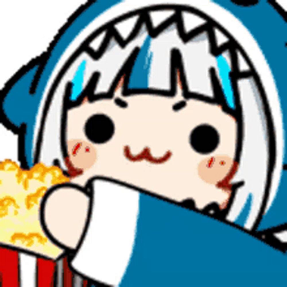 a cartoon of a girl wearing a shark hood eating popcorn .