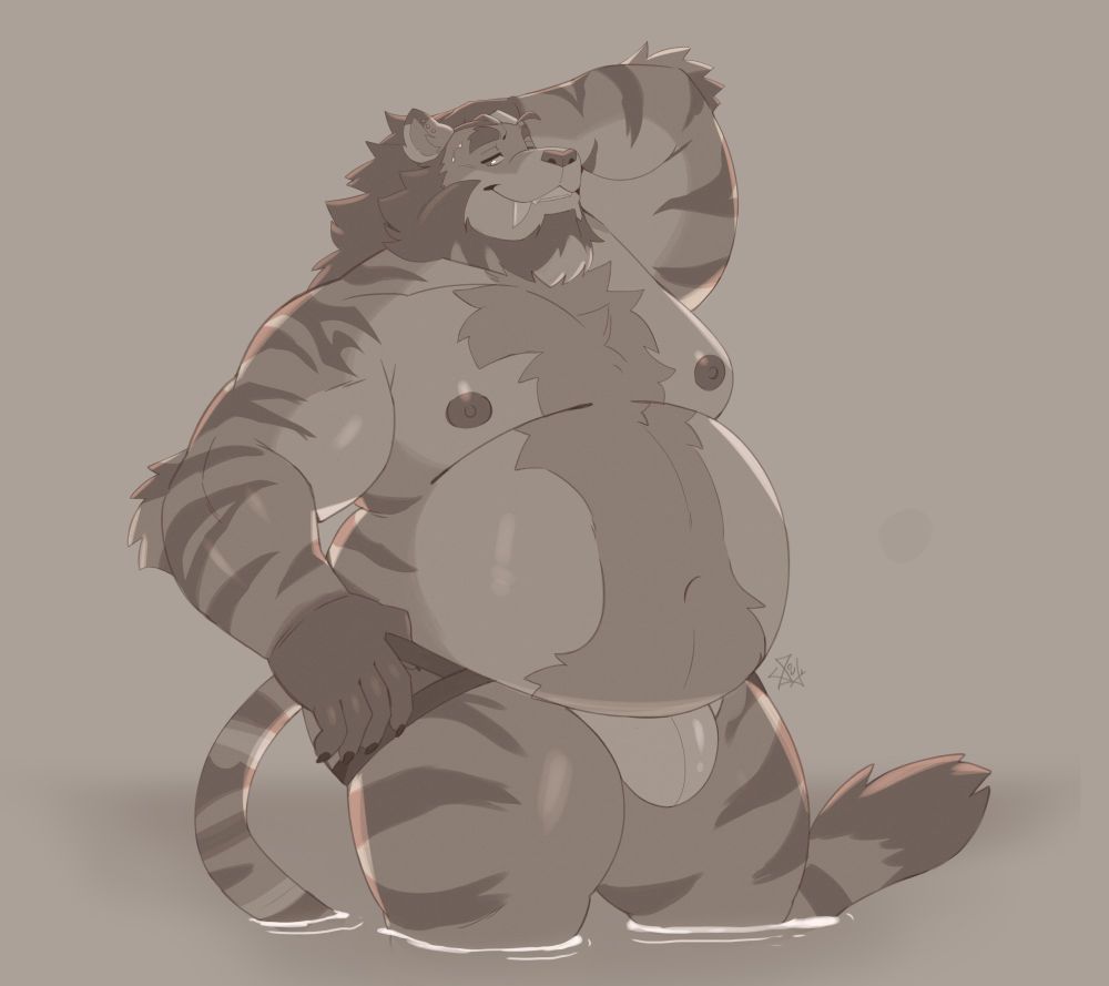 Hefty sabertooth tiger in jockstrap standing in water while he runs his hand through his hair.