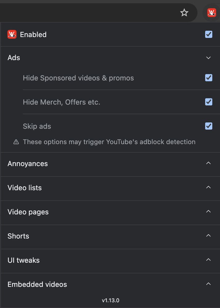 Control Panel for YouTube v1.13.0 options popup in Chrome