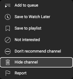 YouTube's "new" menu style (used in Related videos) with Control Panel for YouTube's custom Hide channel menu item focused - completely different menu font style and focus appearance