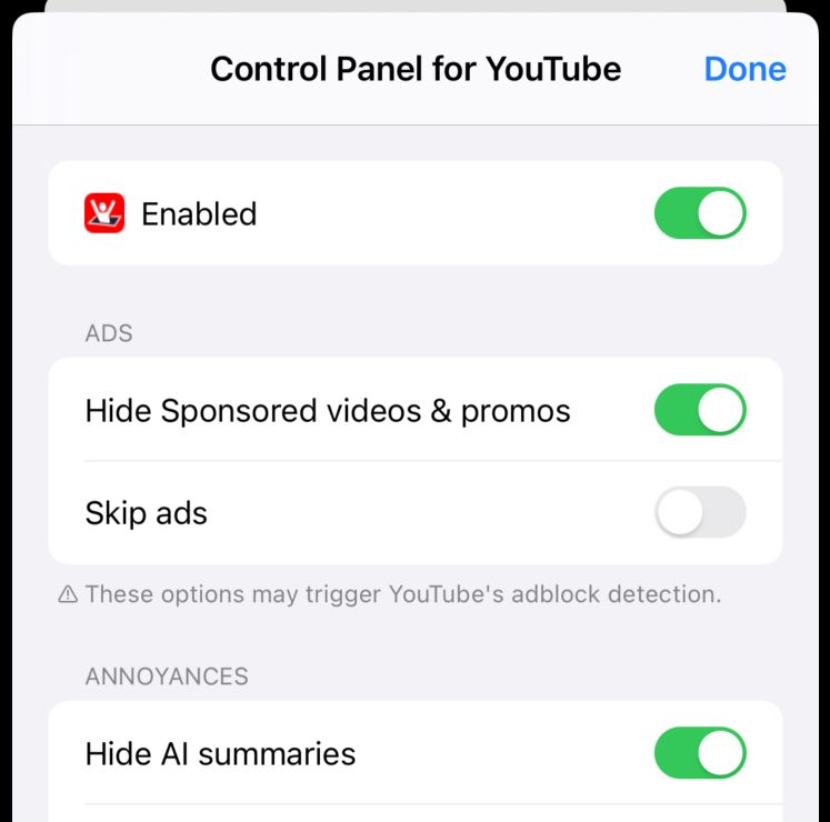 New option groups in the in-development version of Control Panel for YouTube - adding support for iOS-style footer text on iOS Safari