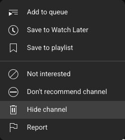 YouTube's "old" menu style (used in most places) with Control Panel for YouTube's custom Hide channel menu item focused