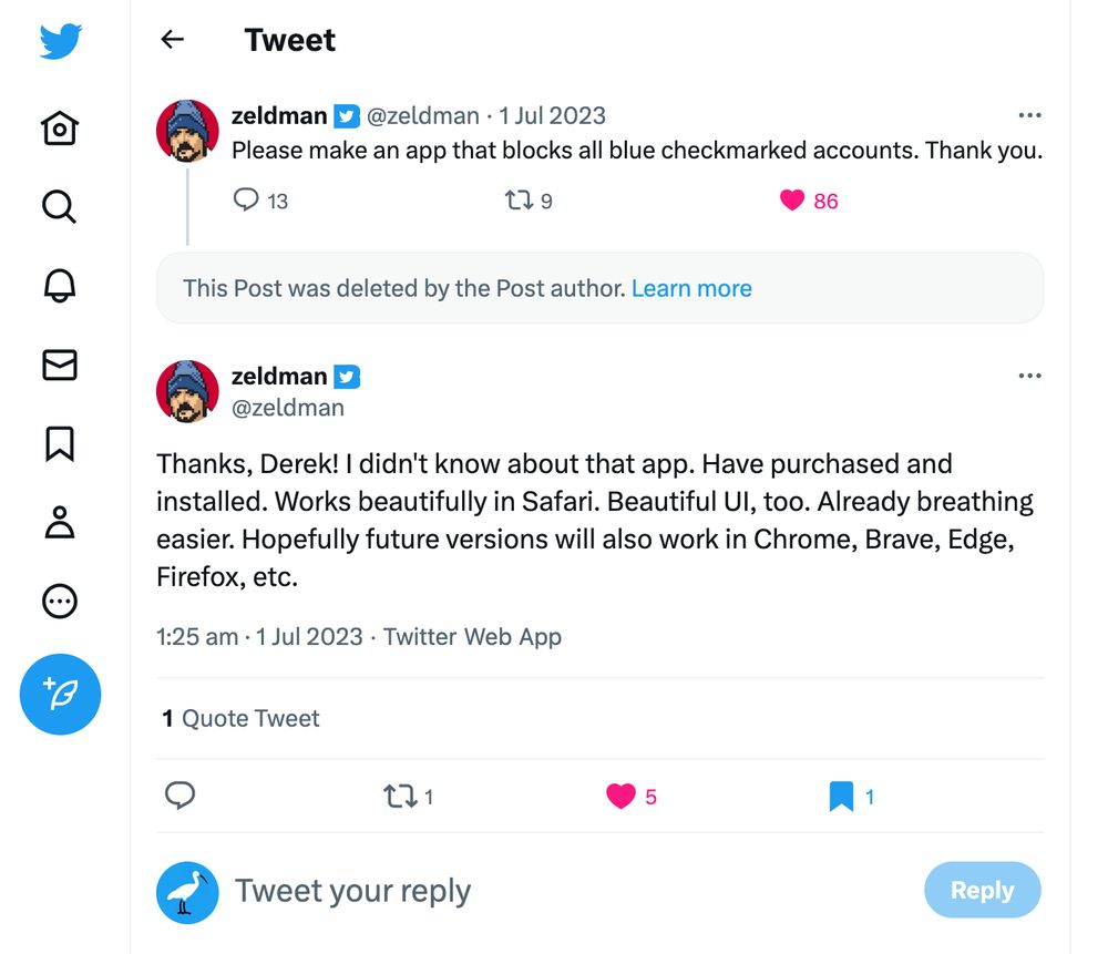 A Tweet on Twitter as seen when using Control Panel for Twitter v4.12.0 - the Tweet source label is back and on this particular Tweet from @zeldman.bsky.social in 2023 it says "Twitter Web App"