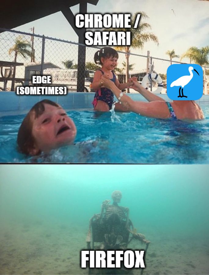 Drowning kid + underwater skeleton meme:

Kid being played with: Chrome / Safari
Kid drowning: Edge (only sometimes though)
Underwater skeleton: Firefox