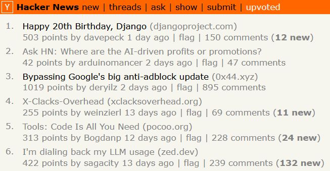 A Hacker News /upvoted page, with new comment counts visible next to items
